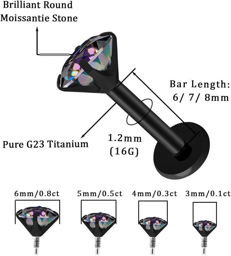 Kiethleasa Store 16G 18G Moissanite Earring D Color VVS1 Clarity, G23 Titanium Internal Thread Flat Back Earrings, Silver Black Piercing Jewelry for Tragus Helix Conch Cartilage, Hypoallergenic Nose Stud for Women Men 1PCS - Image 2